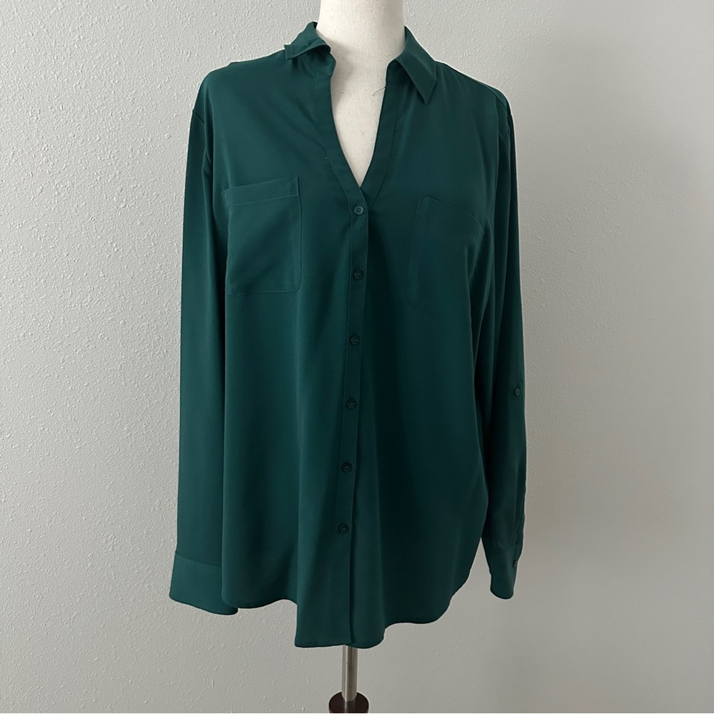 Talbots Deep Green Button-Front Blouse - image 1